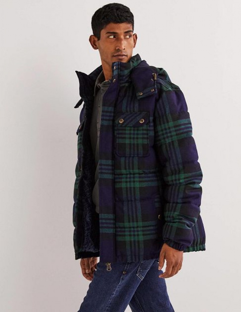 Navy / Green Men's Boden Check Puffer Jackets | 80672XHIU