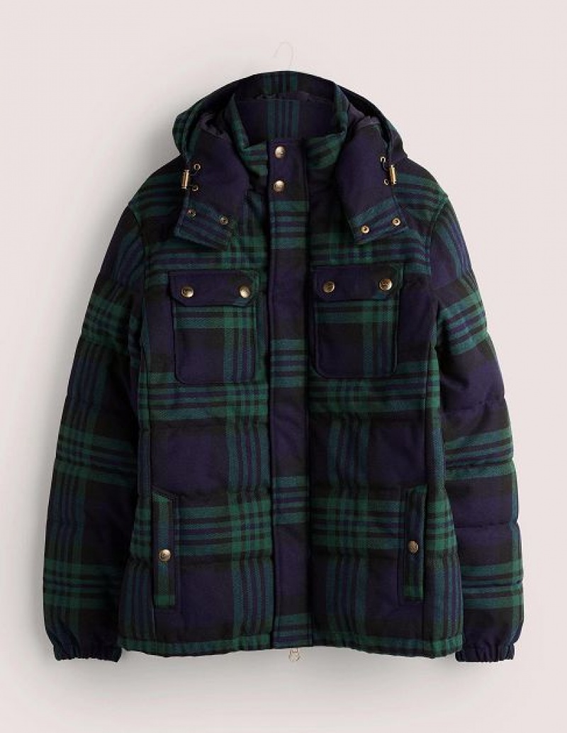 Navy / Green Men's Boden Check Puffer Jackets | 80672XHIU