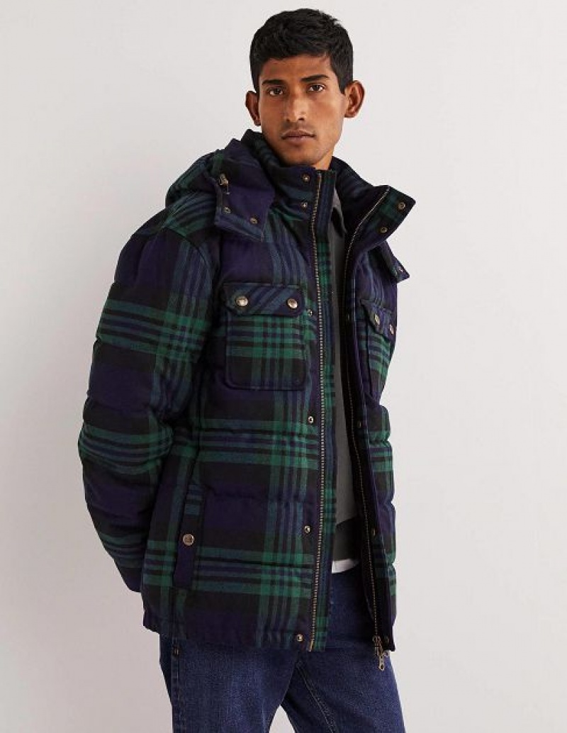 Navy / Green Men\'s Boden Check Puffer Jackets | 80672XHIU