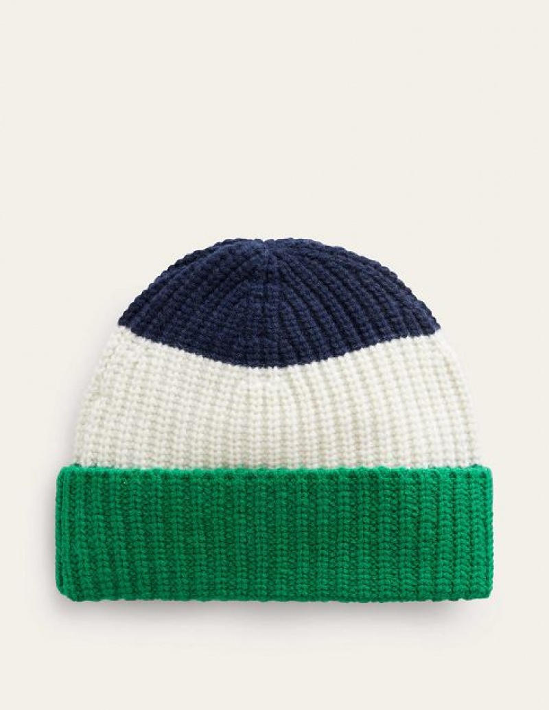 Navy / Green White Women\'s Boden Colour Block Beanie | 95360AHOJ