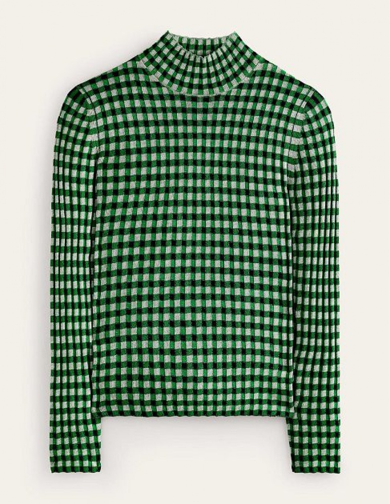 Navy / Light Green Women's Boden Fitted Check Jumpers | 03584NGBP