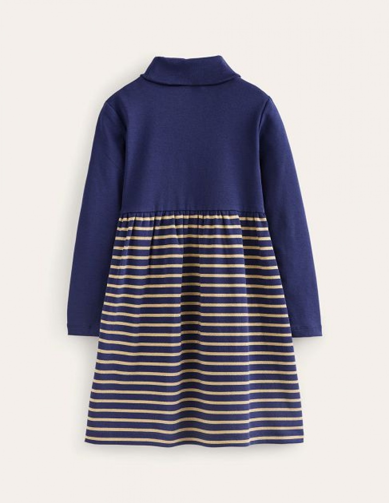 Navy / Metal Stripes Kids' Boden Roll Neck Jersey Dress | 30851UXPK