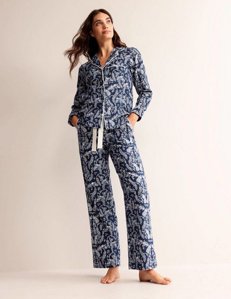 Navy / Peacock Women\'s Boden Brushed Cotton Pyjamas | 04168OFNY