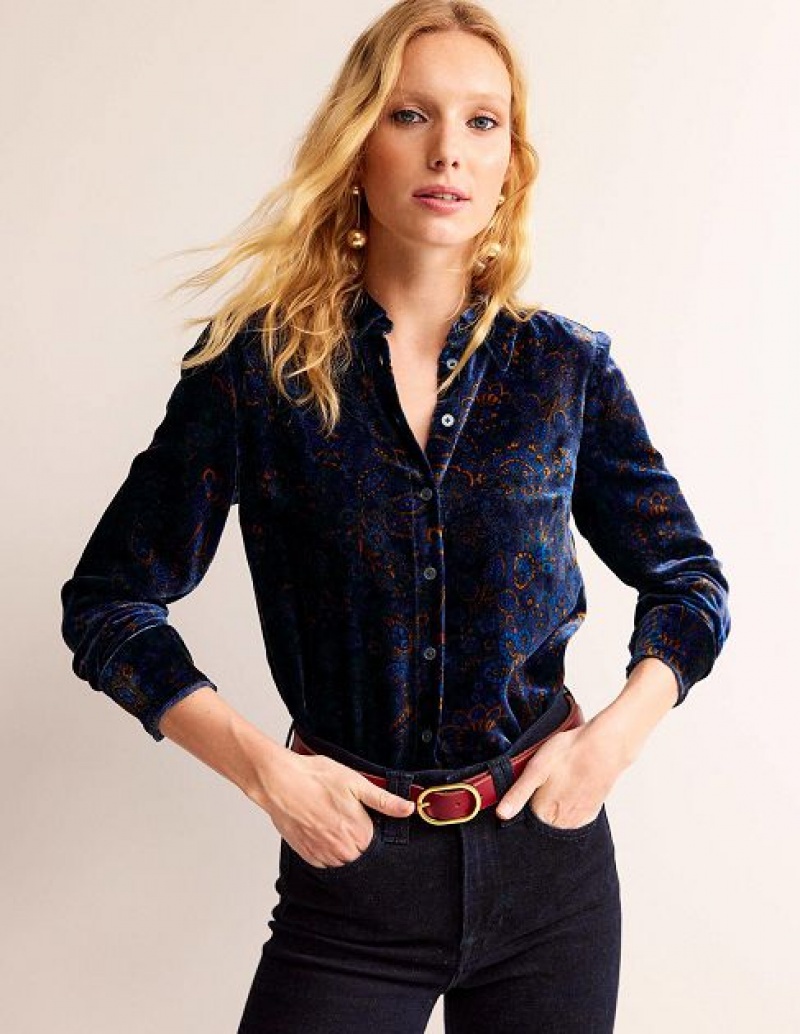 Navy / Pink Women's Boden Sienna Velvet Shirts | 12790HDMC