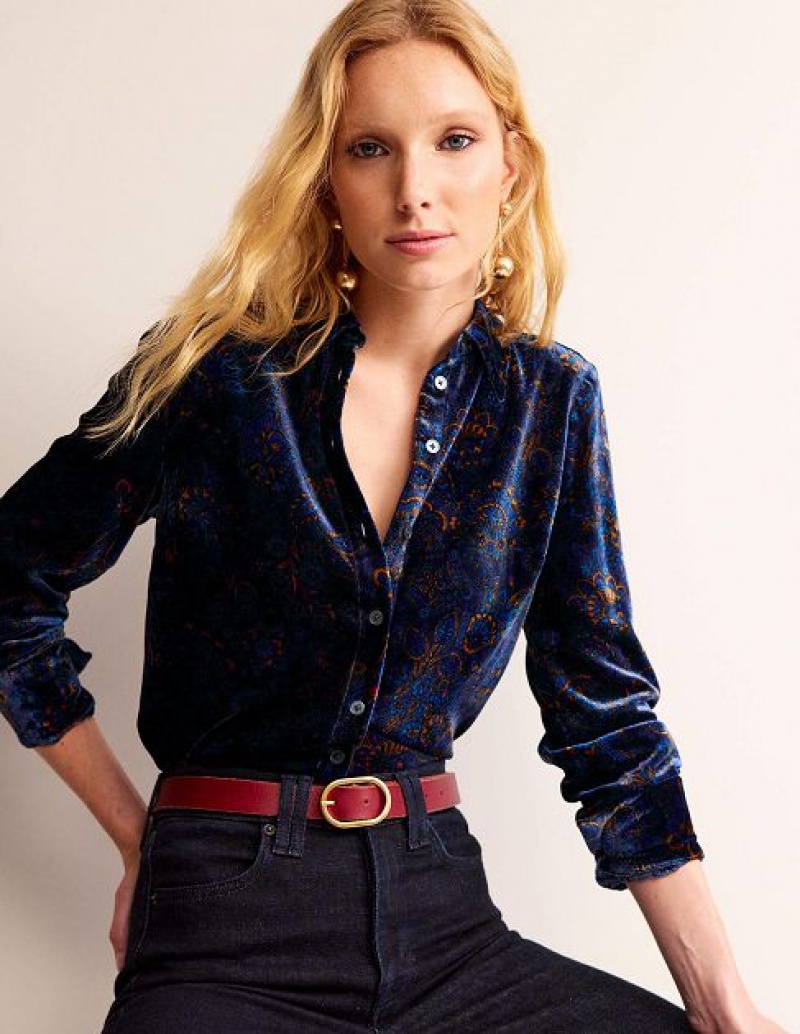 Navy / Pink Women\'s Boden Sienna Velvet Shirts | 12790HDMC