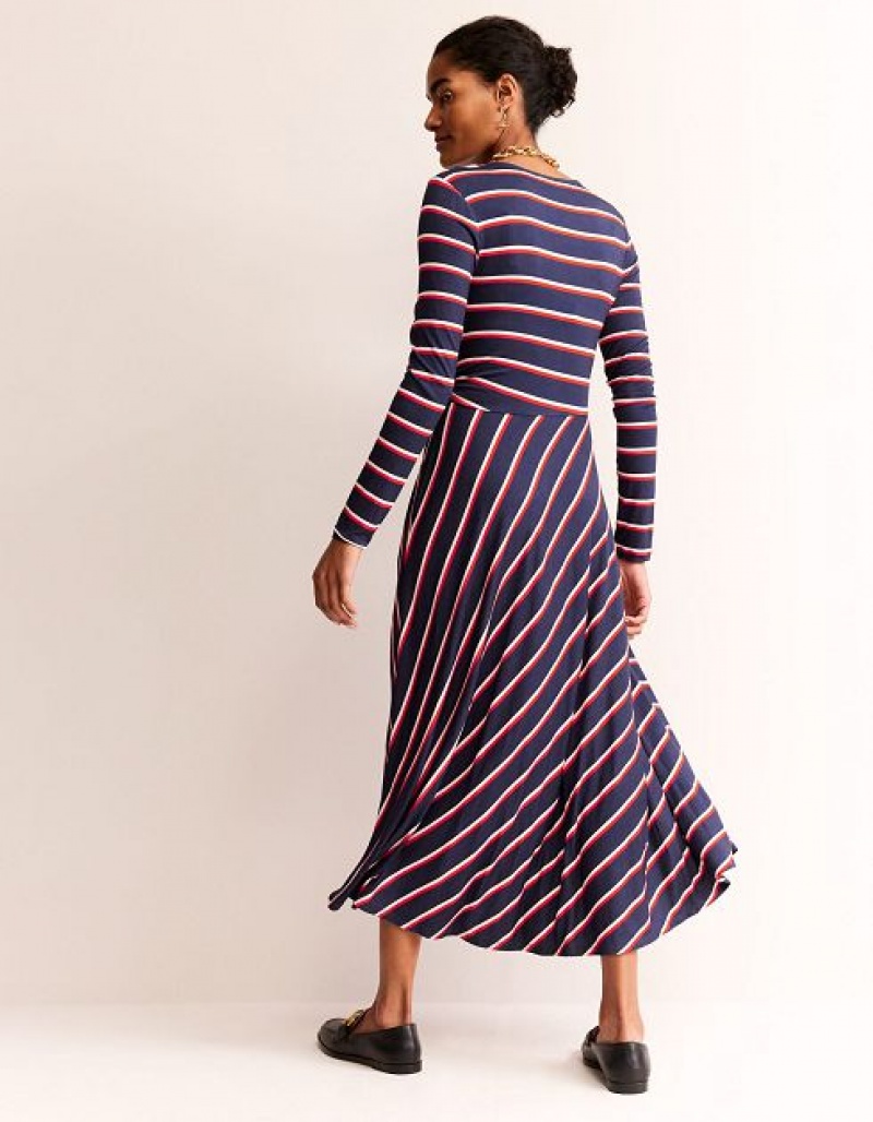 Navy / Red / White Stripes Women's Boden Hotch Stripe Jersey Midi Dress | 69823CTLN