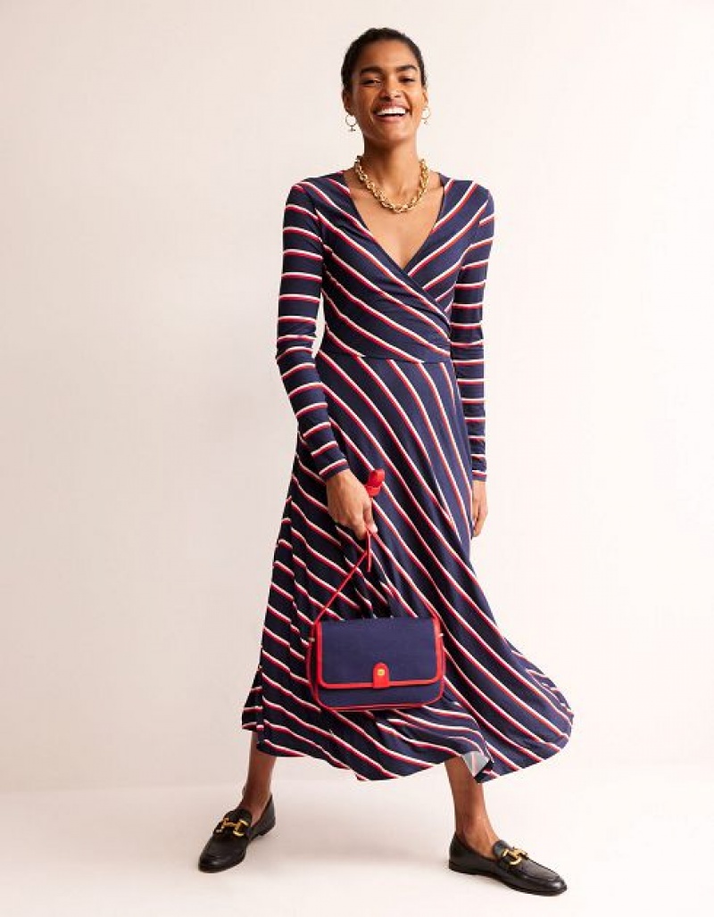 Navy / Red / White Stripes Women's Boden Hotch Stripe Jersey Midi Dress | 69823CTLN