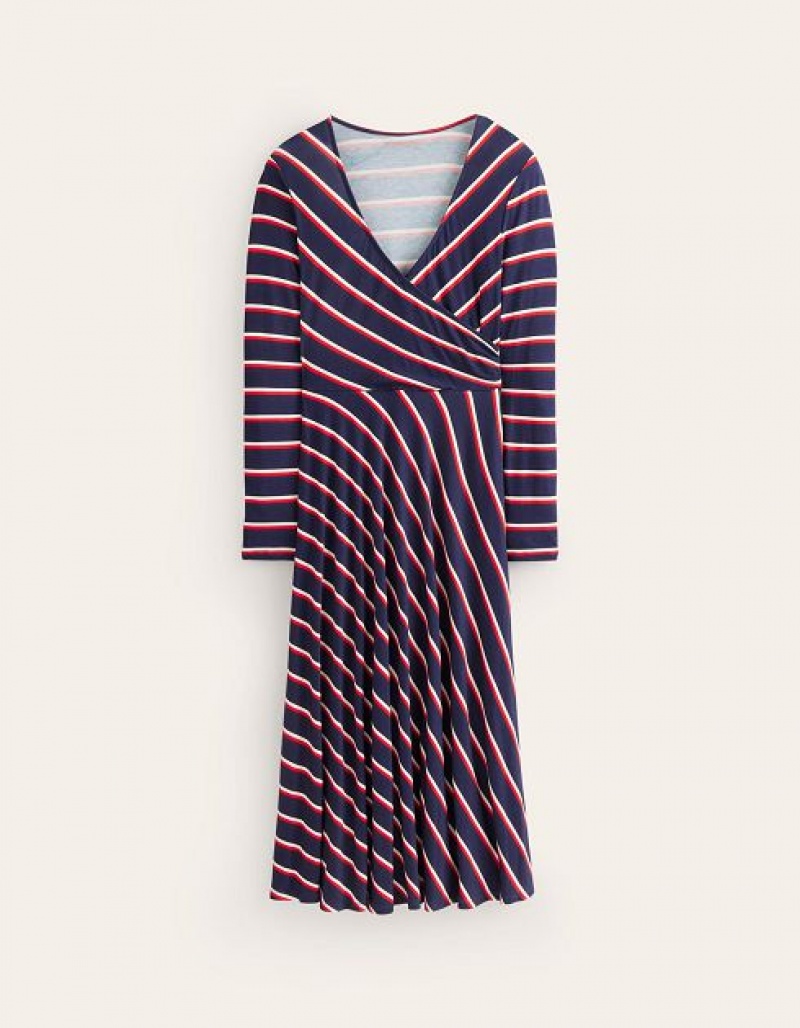 Navy / Red / White Stripes Women's Boden Hotch Stripe Jersey Midi Dress | 69823CTLN