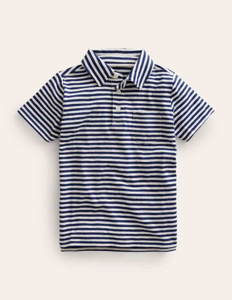 Navy / White Kids' Boden Striped Slubbed Polo Shirts | 25791IEUX