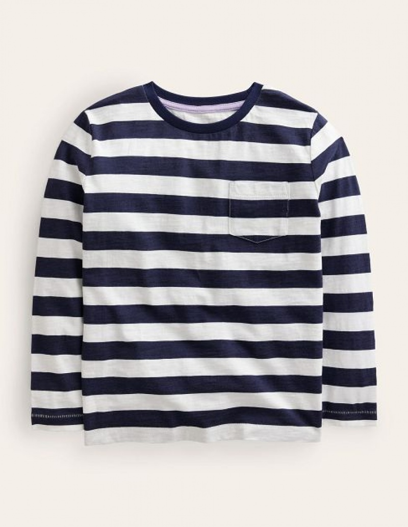 Navy / White Stripes Kids' Boden Long-sleeved Washed T-Shirt | 36450BLJC