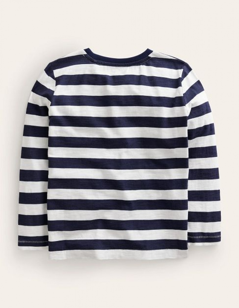 Navy / White Stripes Kids' Boden Long-sleeved Washed T-Shirt | 36450BLJC