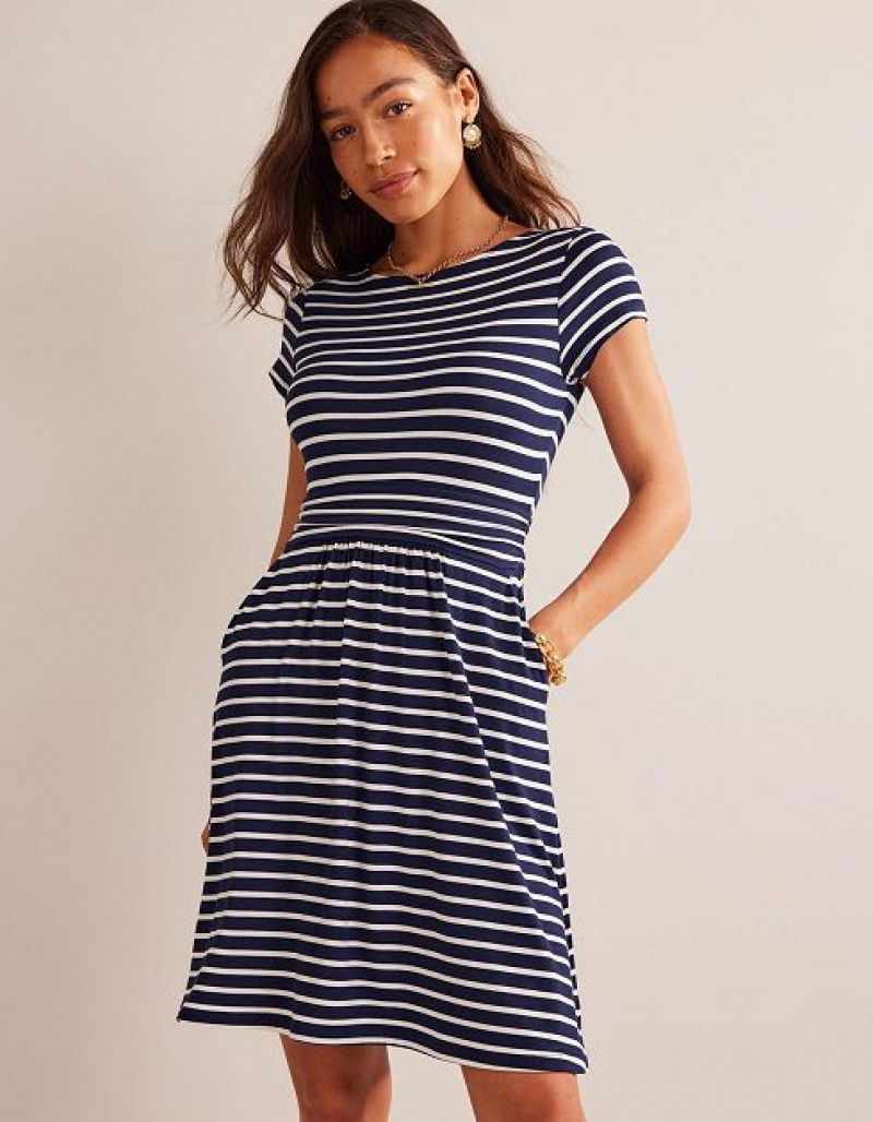 Navy / White Stripes Women's Boden Amelie Jersey Dress | 51260VCGB