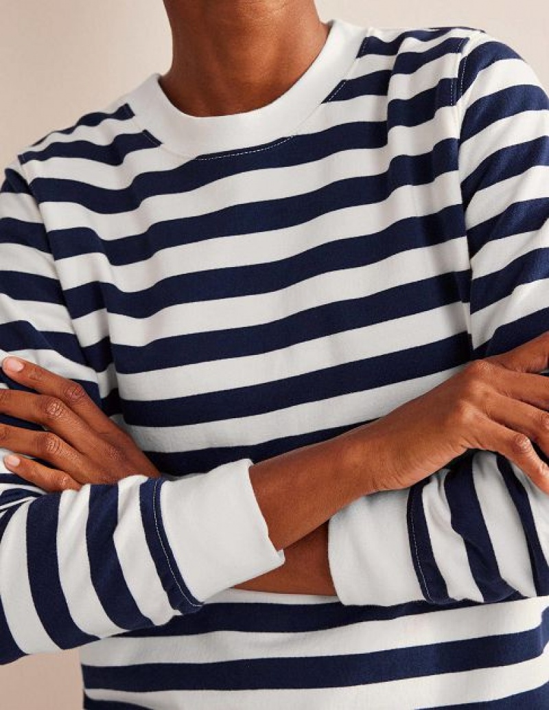 Navy / White Stripes Women's Boden Deep Rib Boxy Sweatshirts | 80219JMAK