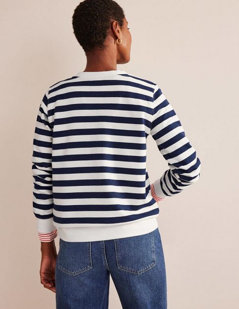 Navy / White Stripes Women's Boden Deep Rib Boxy Sweatshirts | 80219JMAK