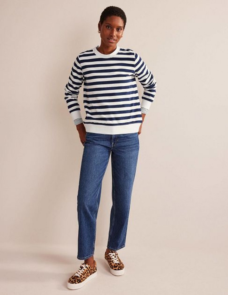 Navy / White Stripes Women's Boden Deep Rib Boxy Sweatshirts | 80219JMAK