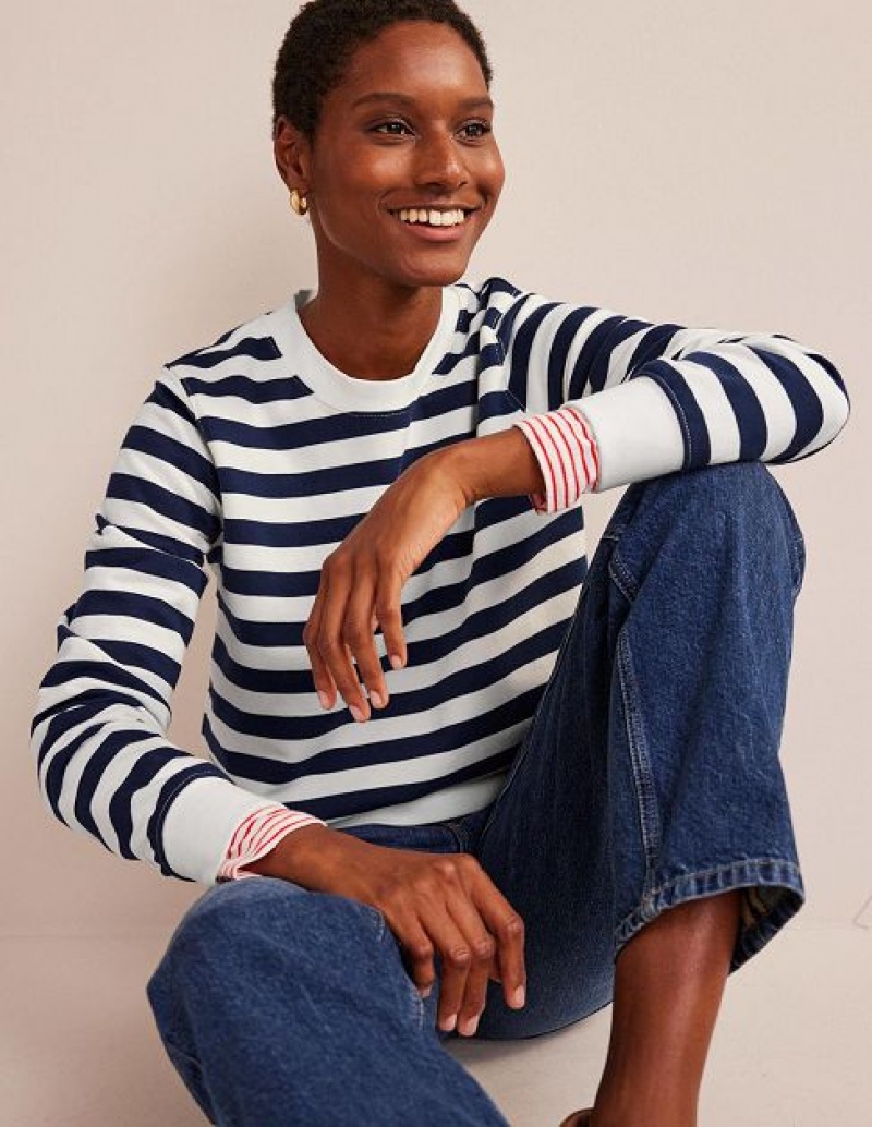 Navy / White Stripes Women\'s Boden Deep Rib Boxy Sweatshirts | 80219JMAK