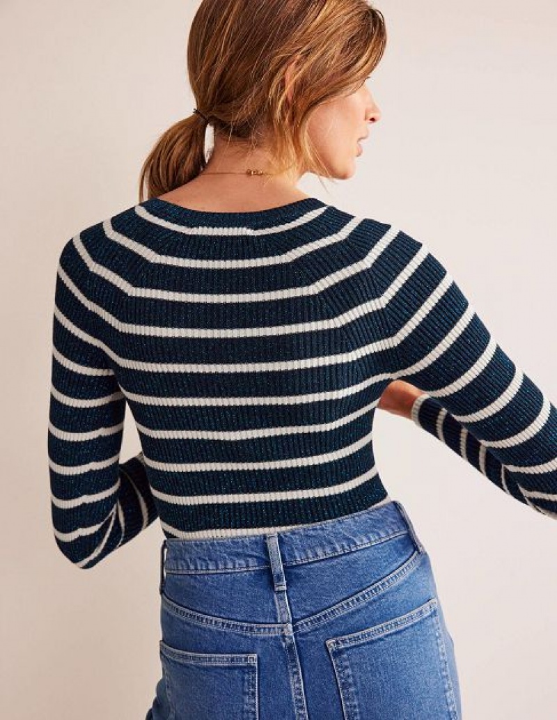 Navy / White Stripes Women's Boden Effie Sparkle Stripe Sweaters | 37049CAMG