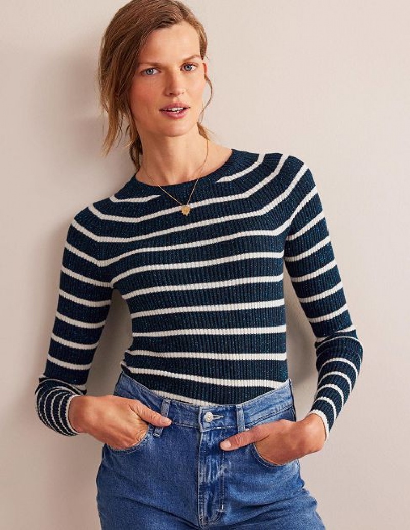 Navy / White Stripes Women's Boden Effie Sparkle Stripe Sweaters | 37049CAMG