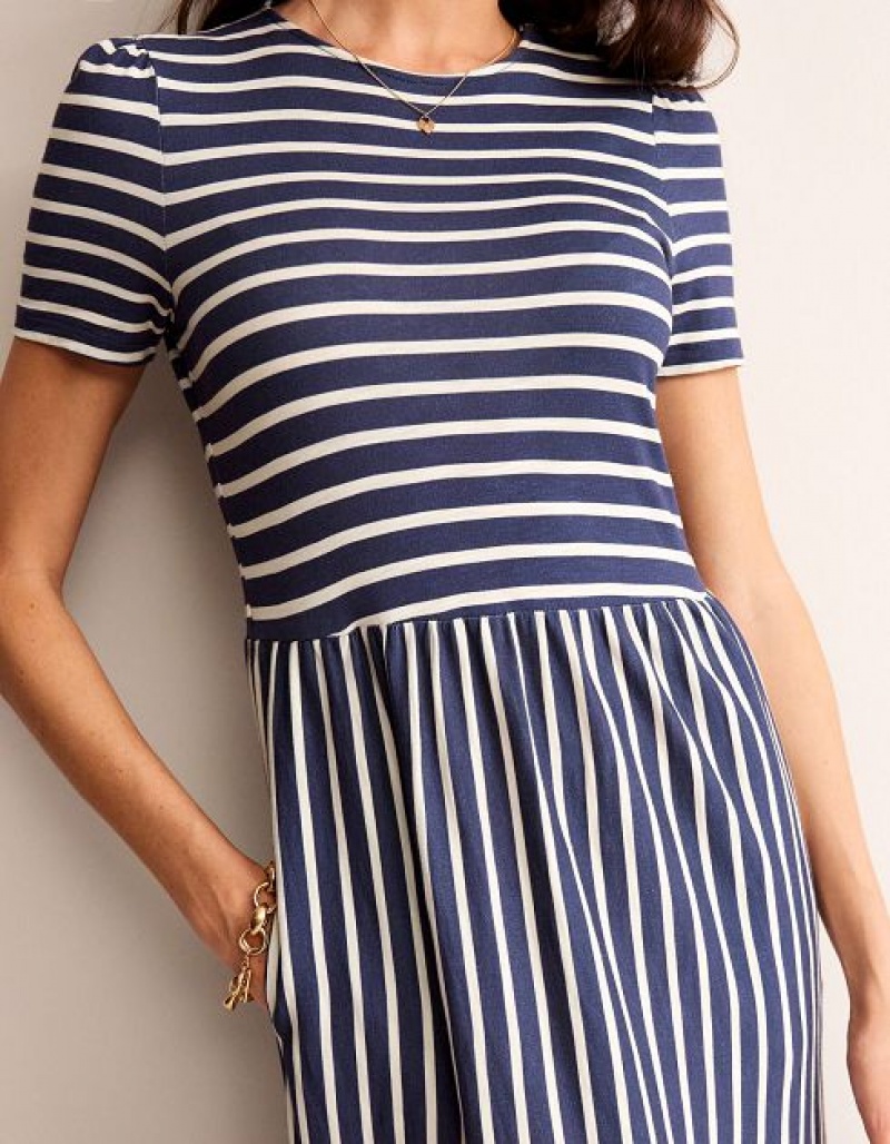 Navy / White Stripes Women's Boden Emma Tiered Jersey Midi Dress | 79308YPOB