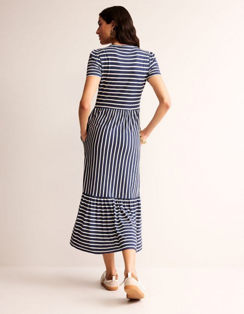 Navy / White Stripes Women's Boden Emma Tiered Jersey Midi Dress | 79308YPOB