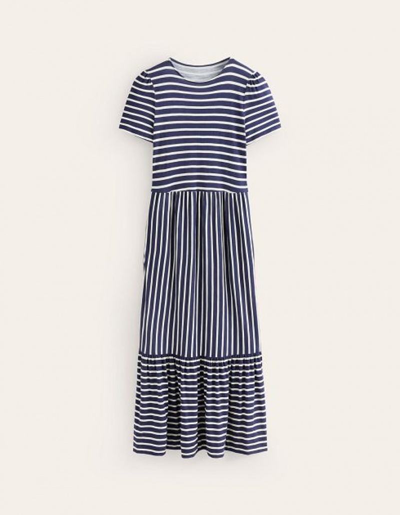 Navy / White Stripes Women's Boden Emma Tiered Jersey Midi Dress | 79308YPOB