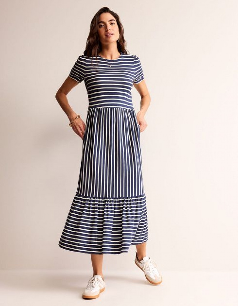 Navy / White Stripes Women\'s Boden Emma Tiered Jersey Midi Dress | 79308YPOB