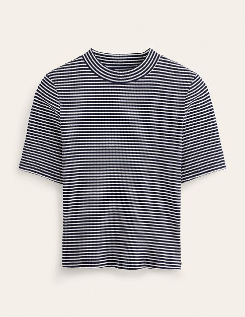 Navy / White Stripes Women's Boden High Neck Ribbed Tops | 28173ZVXO