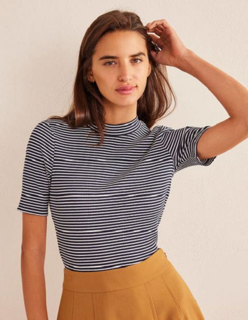 Navy / White Stripes Women's Boden High Neck Ribbed Tops | 28173ZVXO