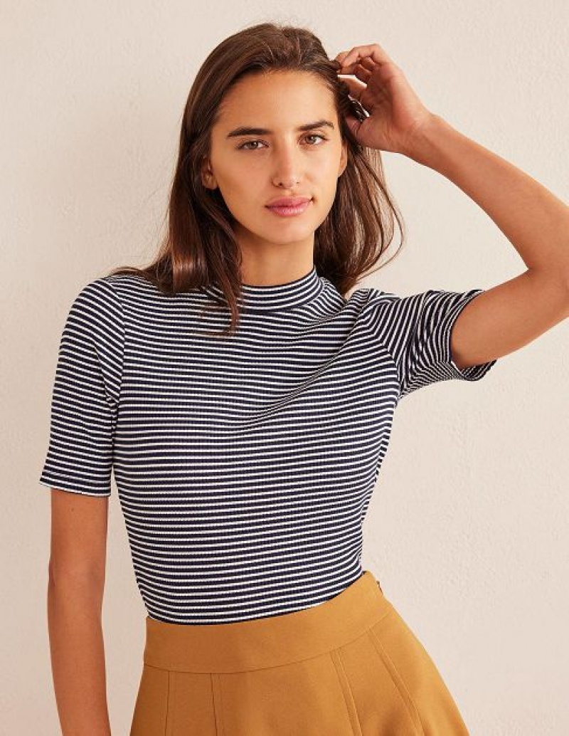 Navy / White Stripes Women\'s Boden High Neck Ribbed Tops | 28173ZVXO