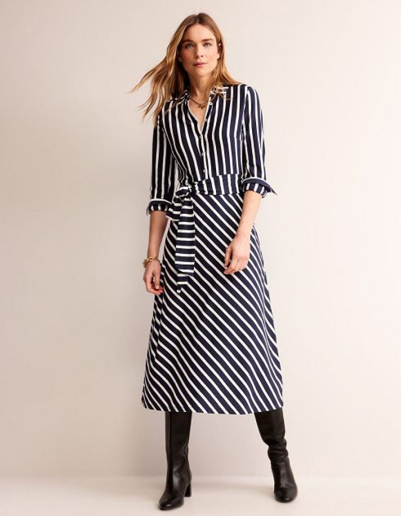 Navy / White Stripes Women's Boden Laura Jersey Midi Shirt Dress | 90481TLGR