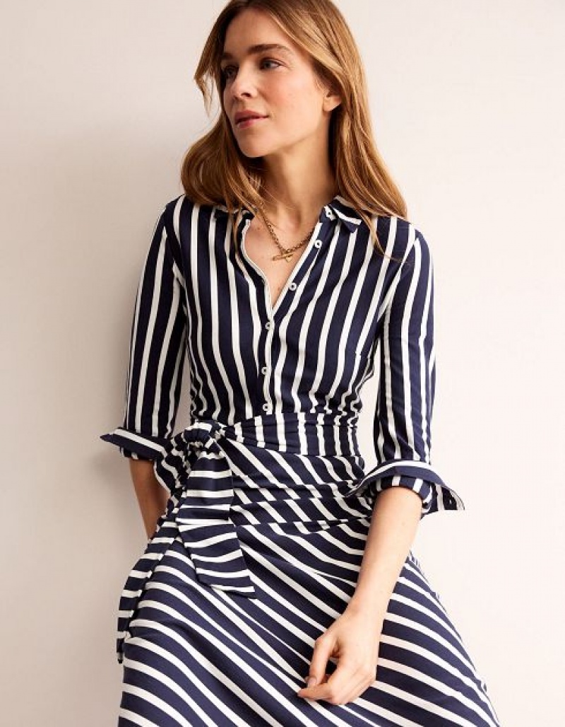 Navy / White Stripes Women\'s Boden Laura Jersey Midi Shirt Dress | 90481TLGR