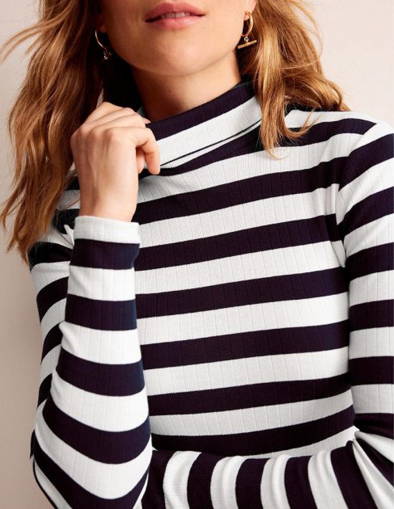 Navy / White Women's Boden Anna Rib Roll Neck Tops | 28401ZCXB