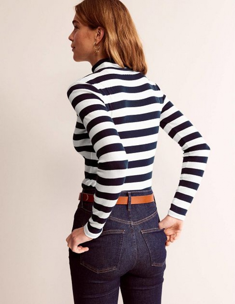 Navy / White Women's Boden Anna Rib Roll Neck Tops | 28401ZCXB