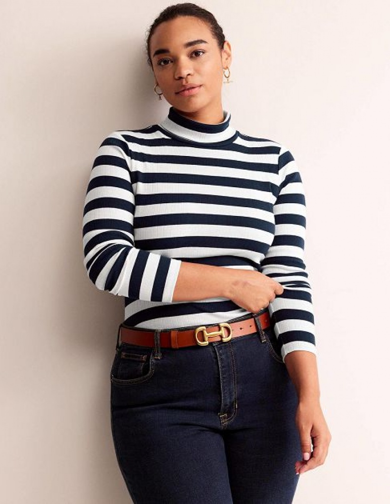 Navy / White Women's Boden Anna Rib Roll Neck Tops | 28401ZCXB