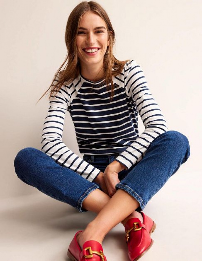 Navy / White Women's Boden Arabella Stripe T-Shirt | 85630VFSQ