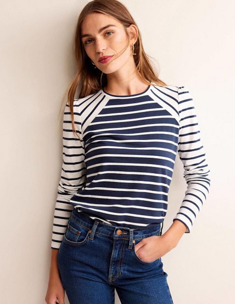 Navy / White Women's Boden Arabella Stripe T-Shirt | 85630VFSQ