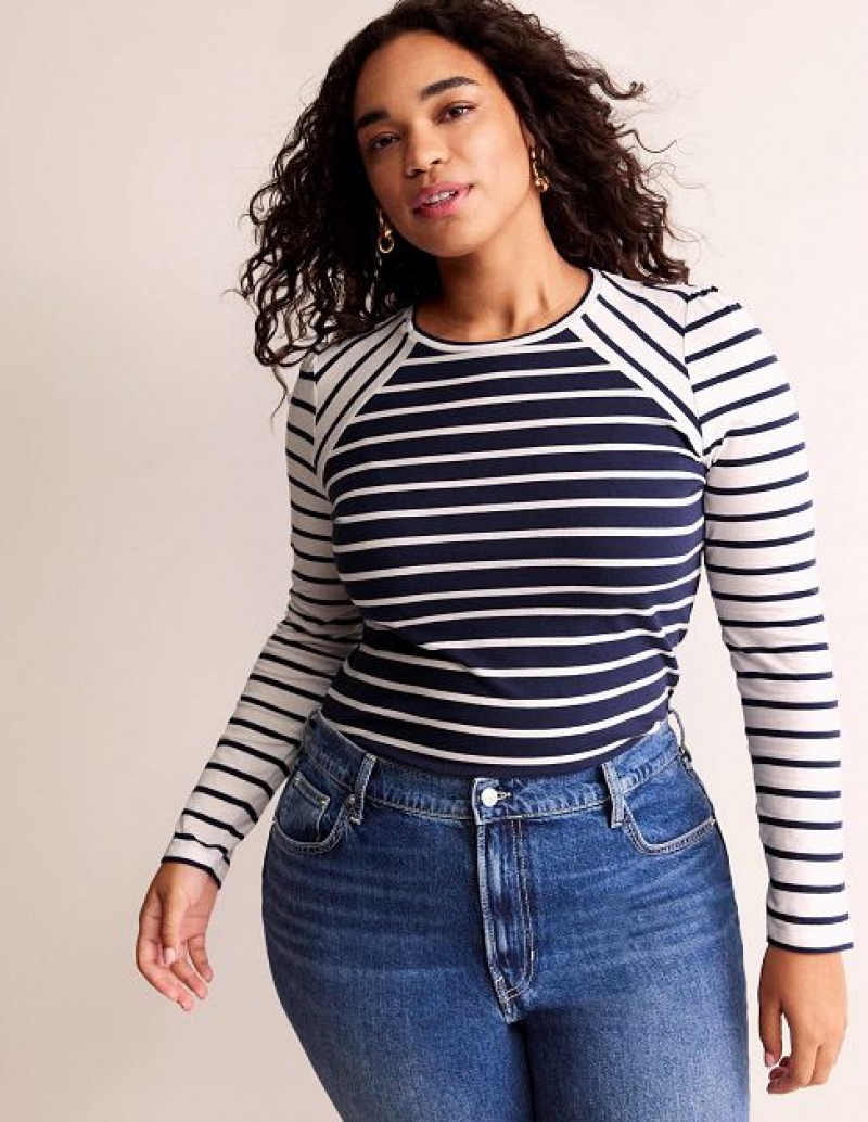 Navy / White Women's Boden Arabella Stripe T-Shirt | 85630VFSQ