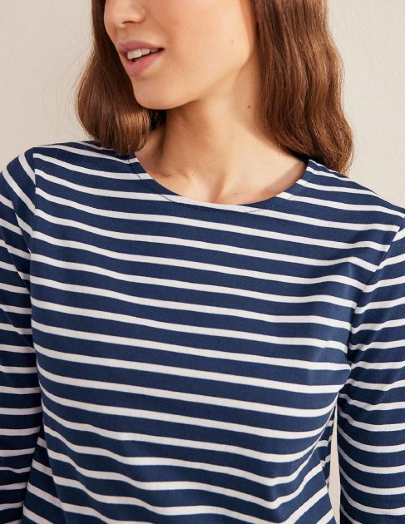 Navy / White Women's Boden Bea Long Sleeve Breton T-Shirt | 58796PRBO