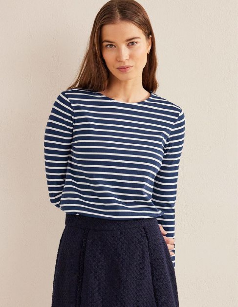 Navy / White Women's Boden Bea Long Sleeve Breton T-Shirt | 58796PRBO