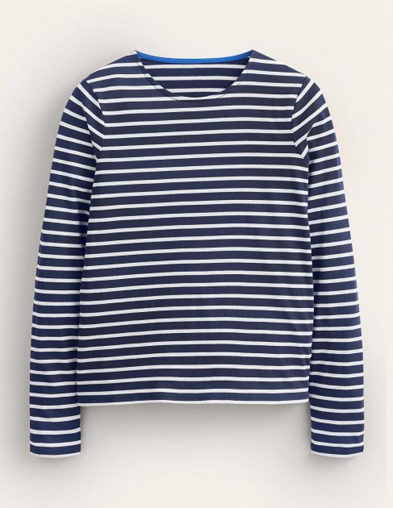 Navy / White Women's Boden Bea Long Sleeve Breton T-Shirt | 58796PRBO