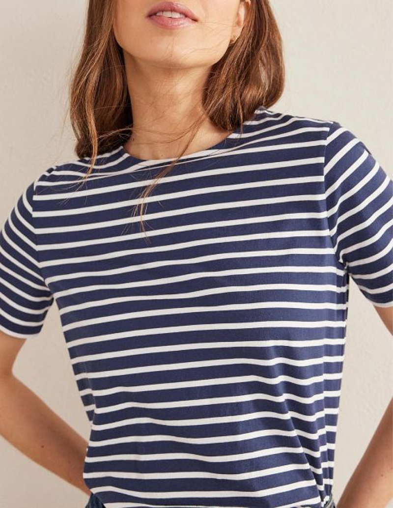 Navy / White Women's Boden Bea Short Sleeve Breton T-Shirt | 26534CNBF