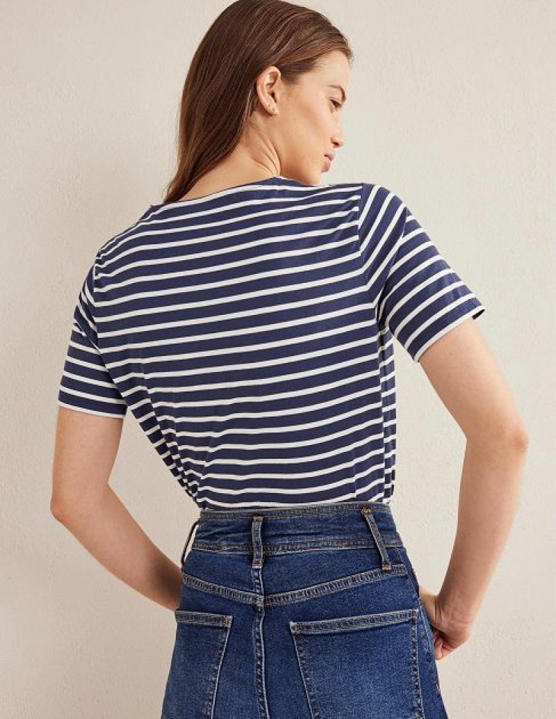 Navy / White Women's Boden Bea Short Sleeve Breton T-Shirt | 26534CNBF