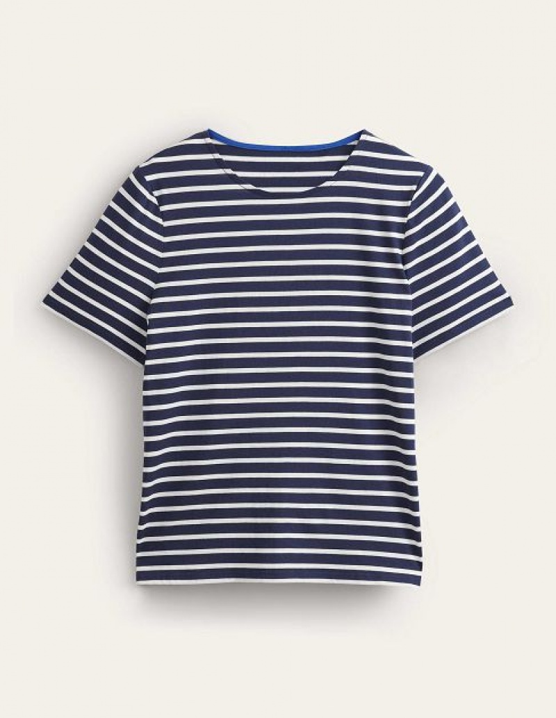 Navy / White Women's Boden Bea Short Sleeve Breton T-Shirt | 26534CNBF