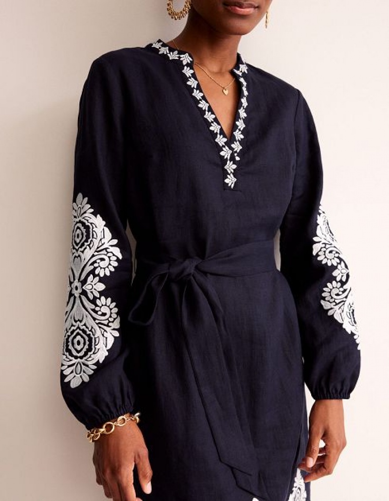 Navy / White Women's Boden Cleo Embroidered Linen Dress | 94618YOPJ