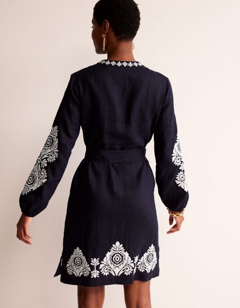 Navy / White Women's Boden Cleo Embroidered Linen Dress | 94618YOPJ