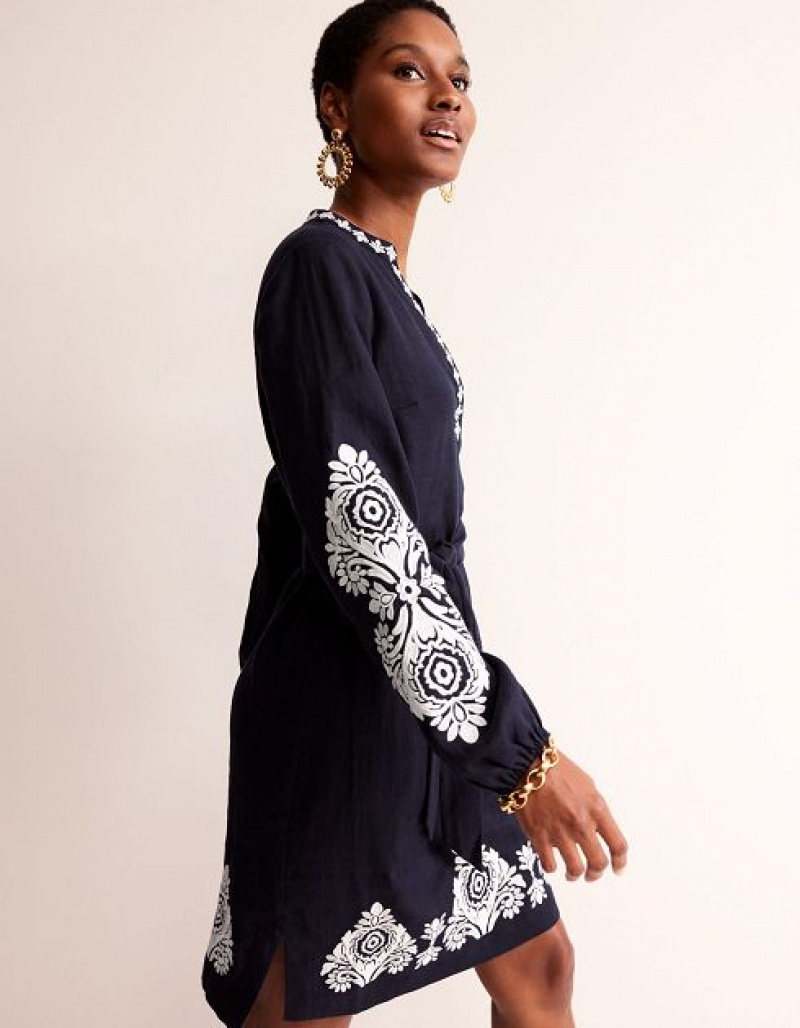 Navy / White Women's Boden Cleo Embroidered Linen Dress | 94618YOPJ