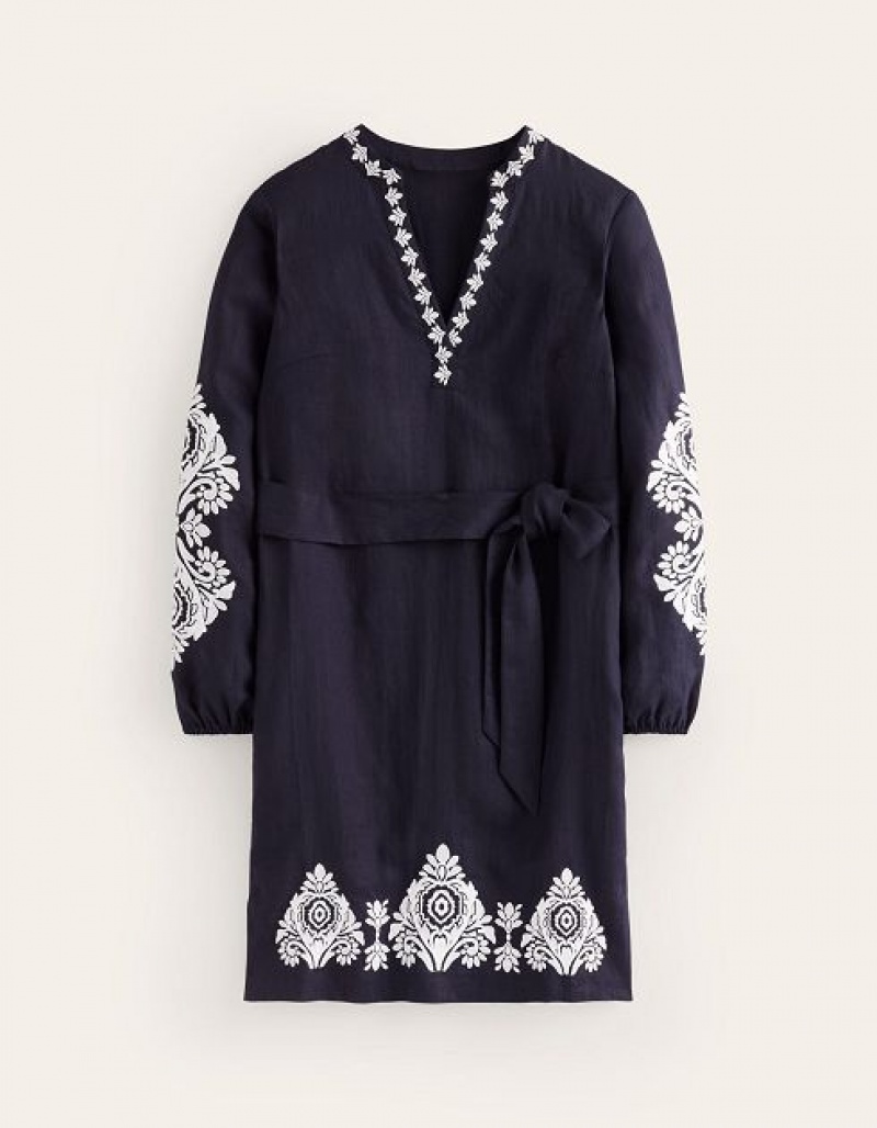 Navy / White Women's Boden Cleo Embroidered Linen Dress | 94618YOPJ