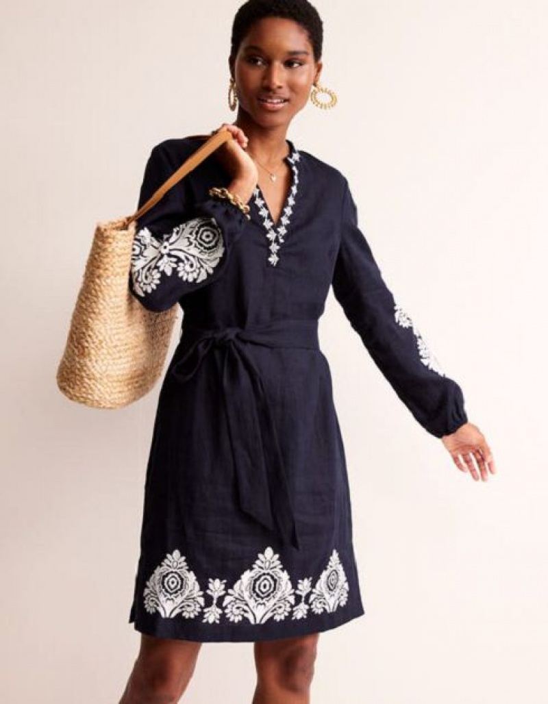 Navy / White Women's Boden Cleo Embroidered Linen Dress | 94618YOPJ