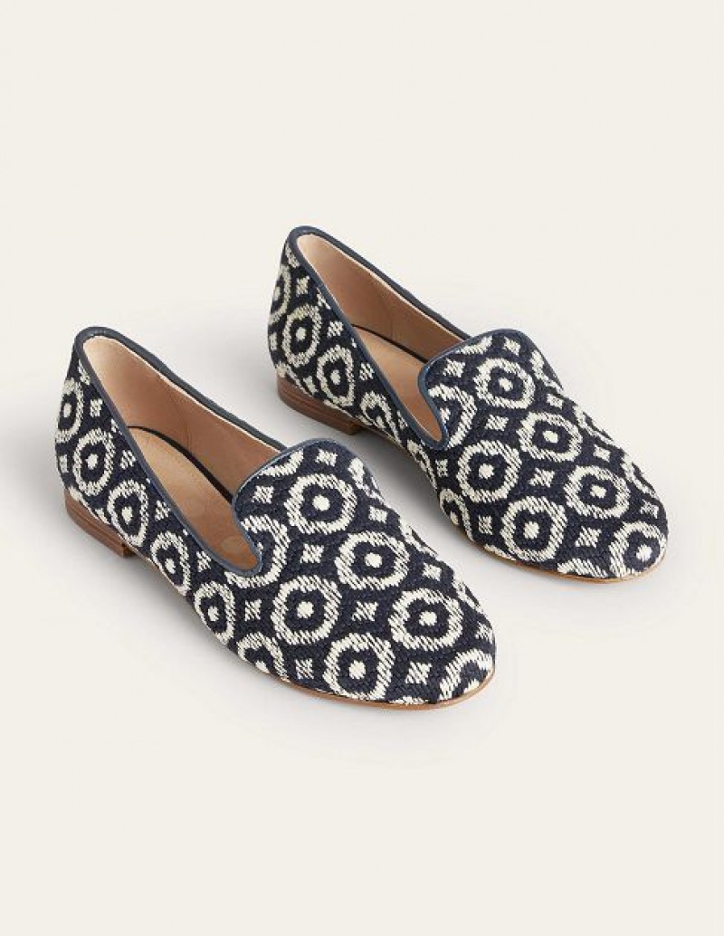 Navy / White Women's Boden Tapestry Embroidered Loafers | 91465UFBX