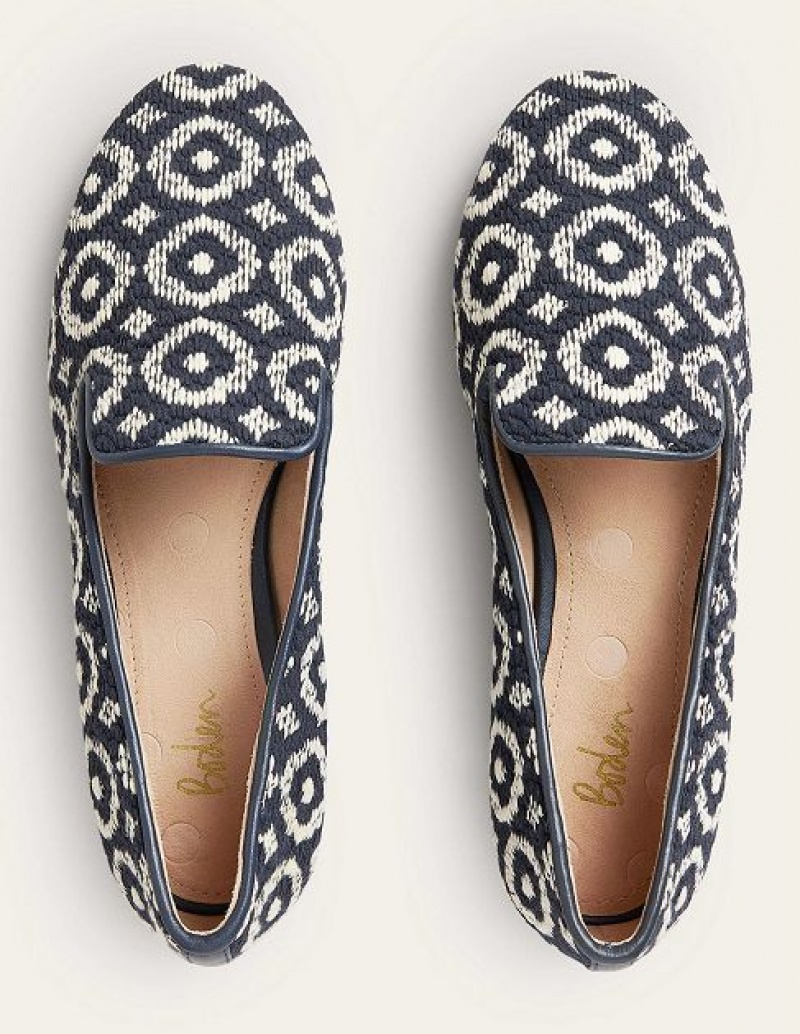 Navy / White Women's Boden Tapestry Embroidered Loafers | 91465UFBX